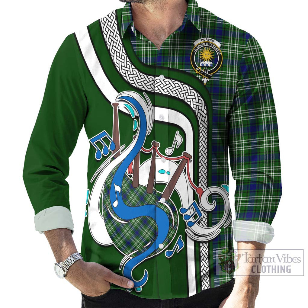 Purves Tartan Long Sleeve Button Shirt with Epic Bagpipe Style - Tartanvibesclothing Shop