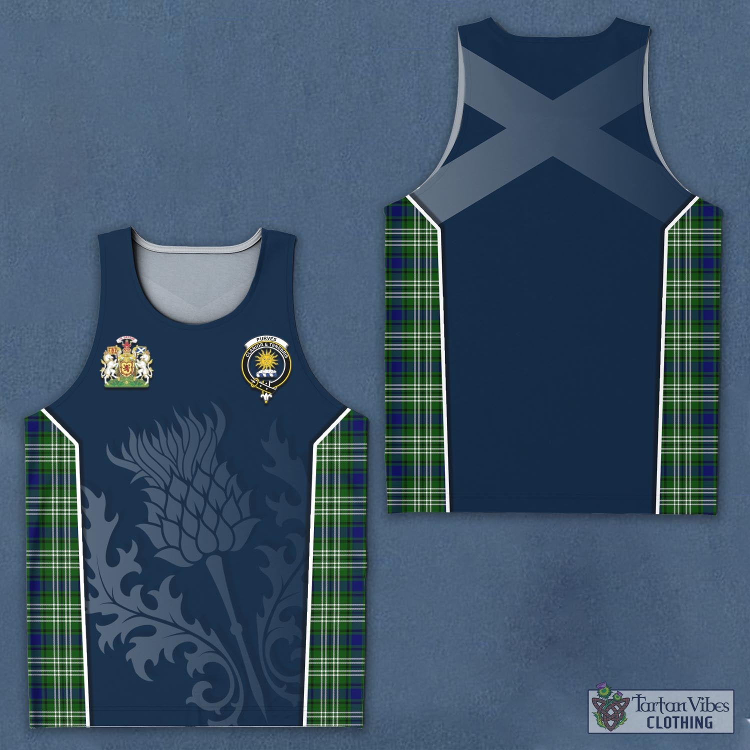 Tartan Vibes Clothing Purves Tartan Men's Tanks Top with Family Crest and Scottish Thistle Vibes Sport Style