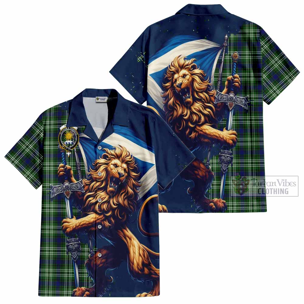 Tartan Vibes Clothing Purves Tartan Family Crest Short Sleeve Button Shirt with Scottish Majestic Lion