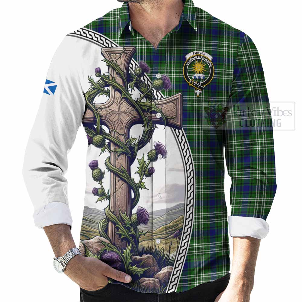 Tartan Vibes Clothing Purves Tartan Long Sleeve Button Shirt with Family Crest and St. Andrew's Cross Accented by Thistle Vines