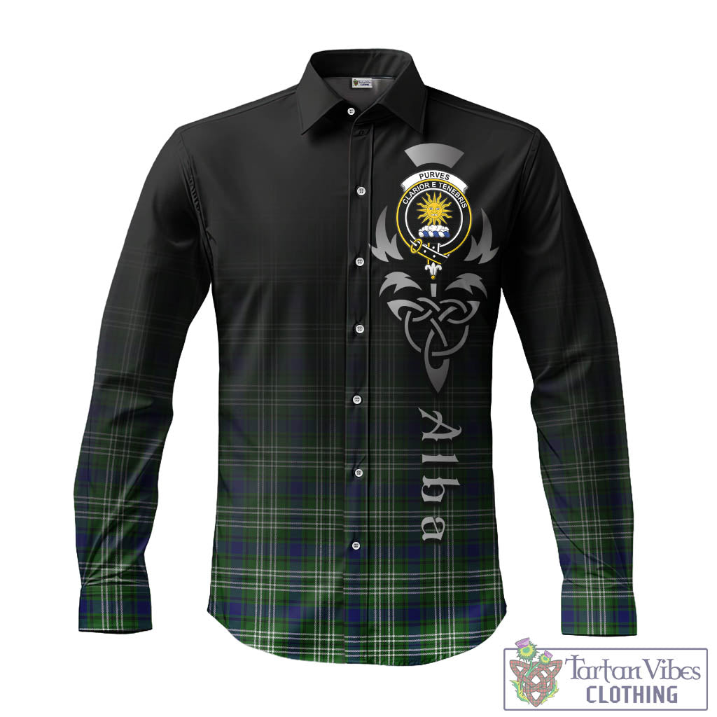 Tartan Vibes Clothing Purves Tartan Long Sleeve Button Up Featuring Alba Gu Brath Family Crest Celtic Inspired