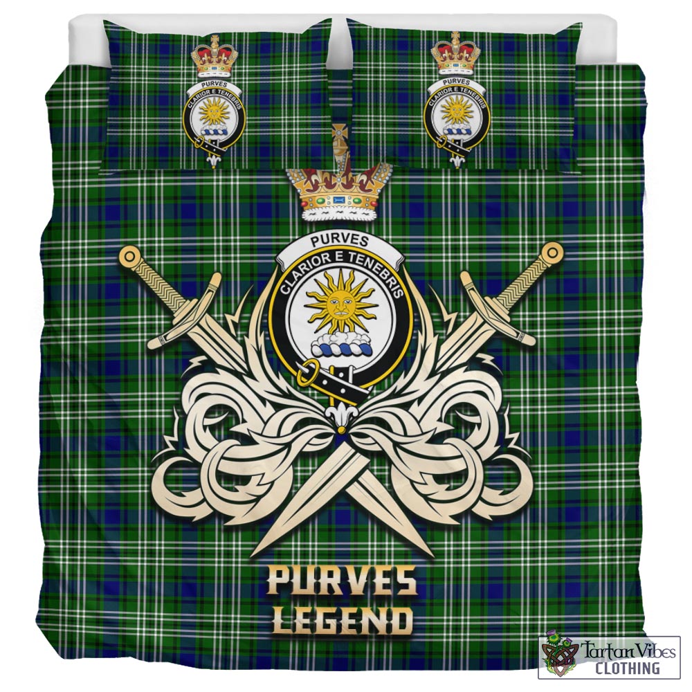 Tartan Vibes Clothing Purves Tartan Bedding Set with Clan Crest and the Golden Sword of Courageous Legacy