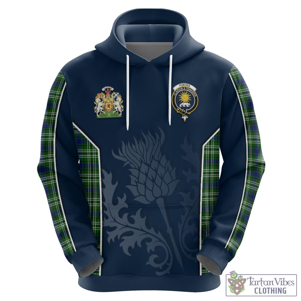 Tartan Vibes Clothing Purves Tartan Hoodie with Family Crest and Scottish Thistle Vibes Sport Style