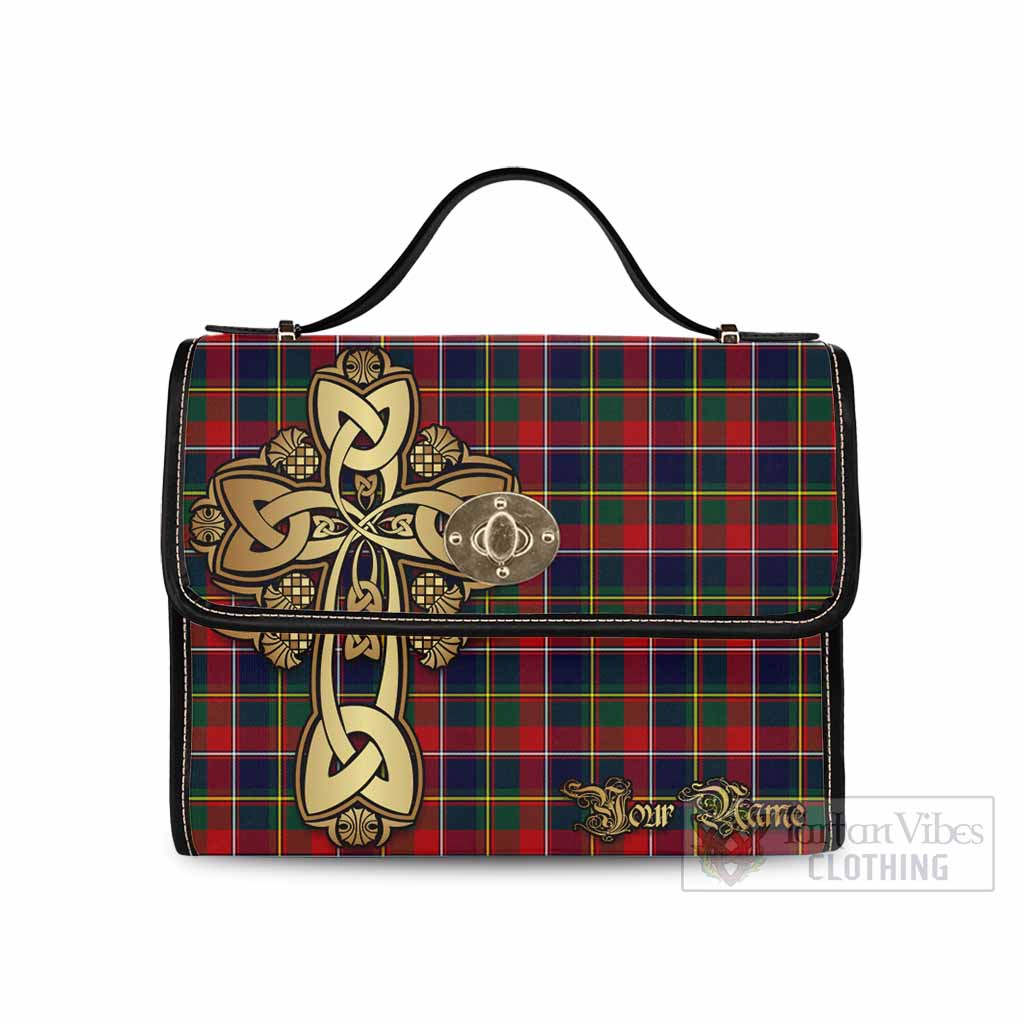 Tartan Vibes Clothing Quebec Province Canada Tartan Waterproof Canvas Bag Golden Thistle Celtic Cross Style