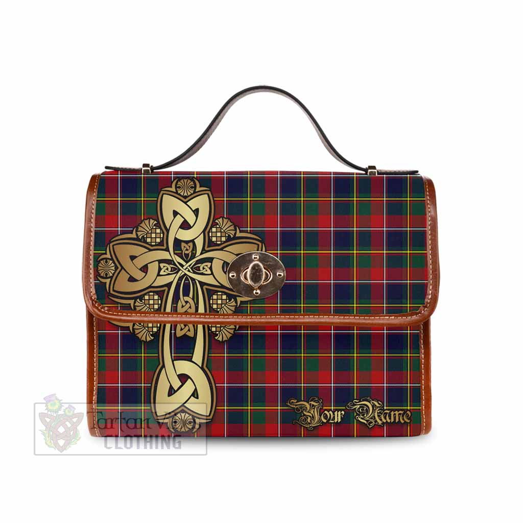 Tartan Vibes Clothing Quebec Province Canada Tartan Waterproof Canvas Bag Golden Thistle Celtic Cross Style