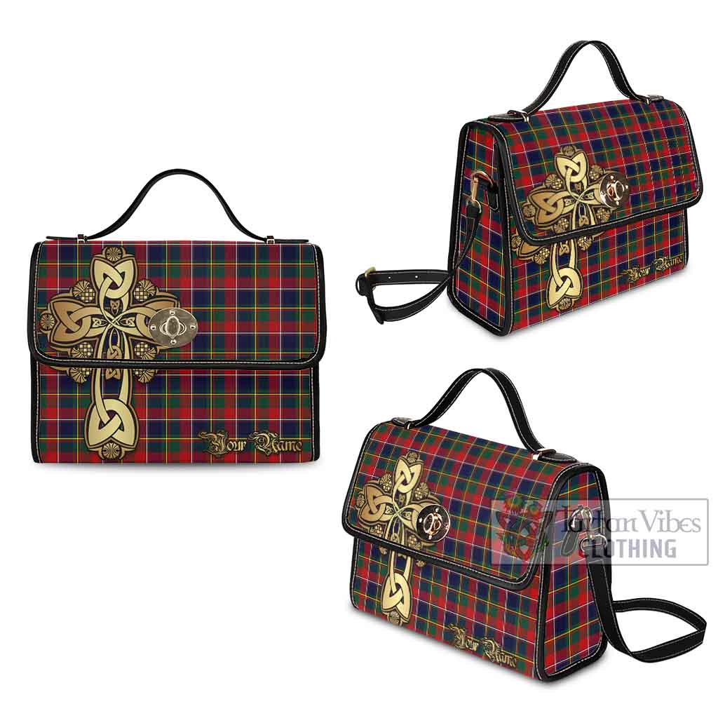 Tartan Vibes Clothing Quebec Province Canada Tartan Waterproof Canvas Bag Golden Thistle Celtic Cross Style