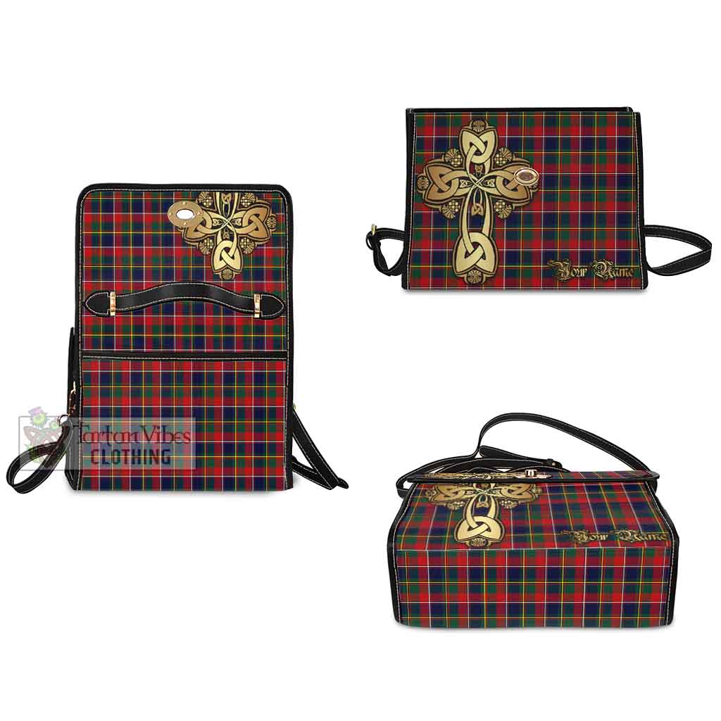 Tartan Vibes Clothing Quebec Province Canada Tartan Waterproof Canvas Bag Golden Thistle Celtic Cross Style