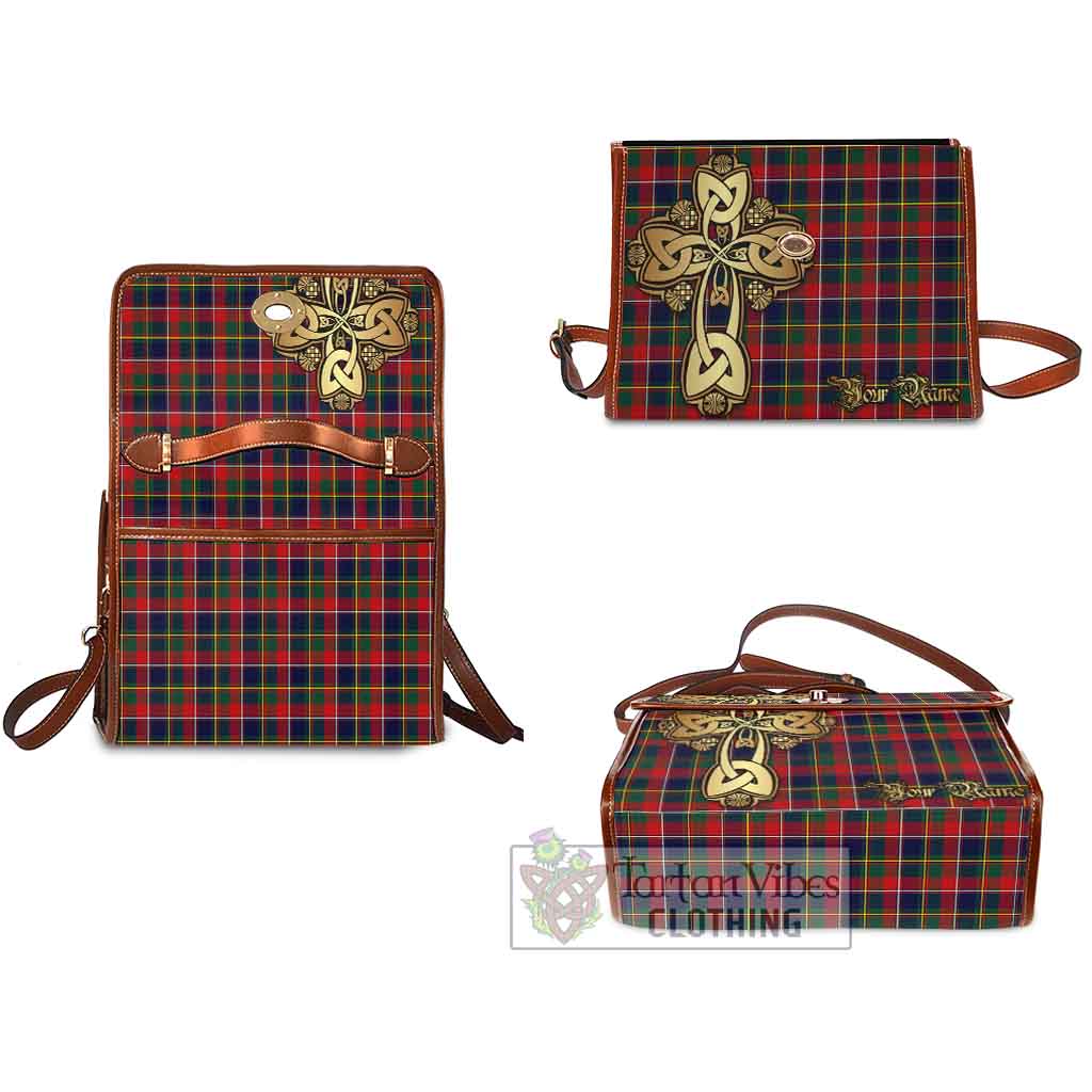 Tartan Vibes Clothing Quebec Province Canada Tartan Waterproof Canvas Bag Golden Thistle Celtic Cross Style