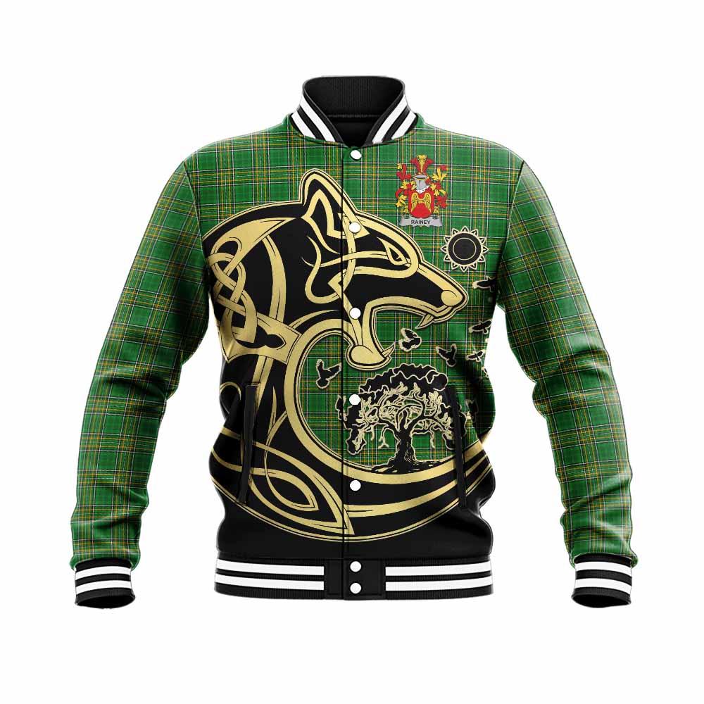 Rainey Irish Tartan Baseball Jacket with Coat of Arms Celtic Wolf Style Unisex - Tartan Vibes Clothing