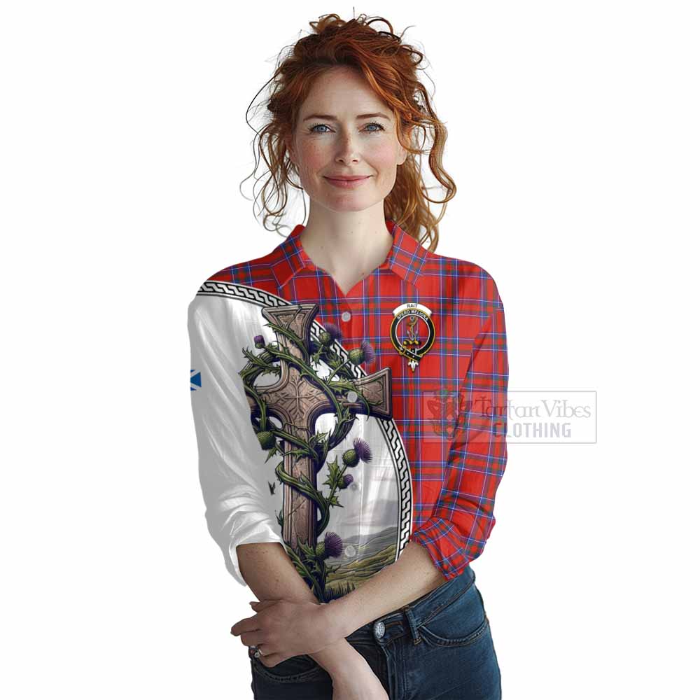 Tartan Vibes Clothing Rait Tartan Women's Casual Shirt with Family Crest and St. Andrew's Cross Accented by Thistle Vines