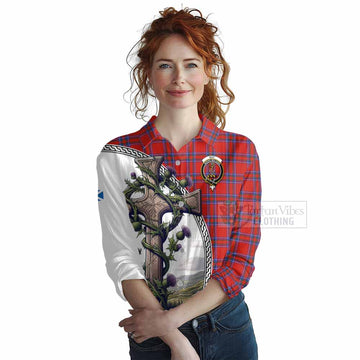 Rait Tartan Women's Casual Shirt with Family Crest and St. Andrew's Cross Accented by Thistle Vines