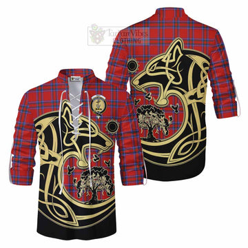 Rait Tartan Ghillie Kilt Shirt with Family Crest Celtic Wolf Style