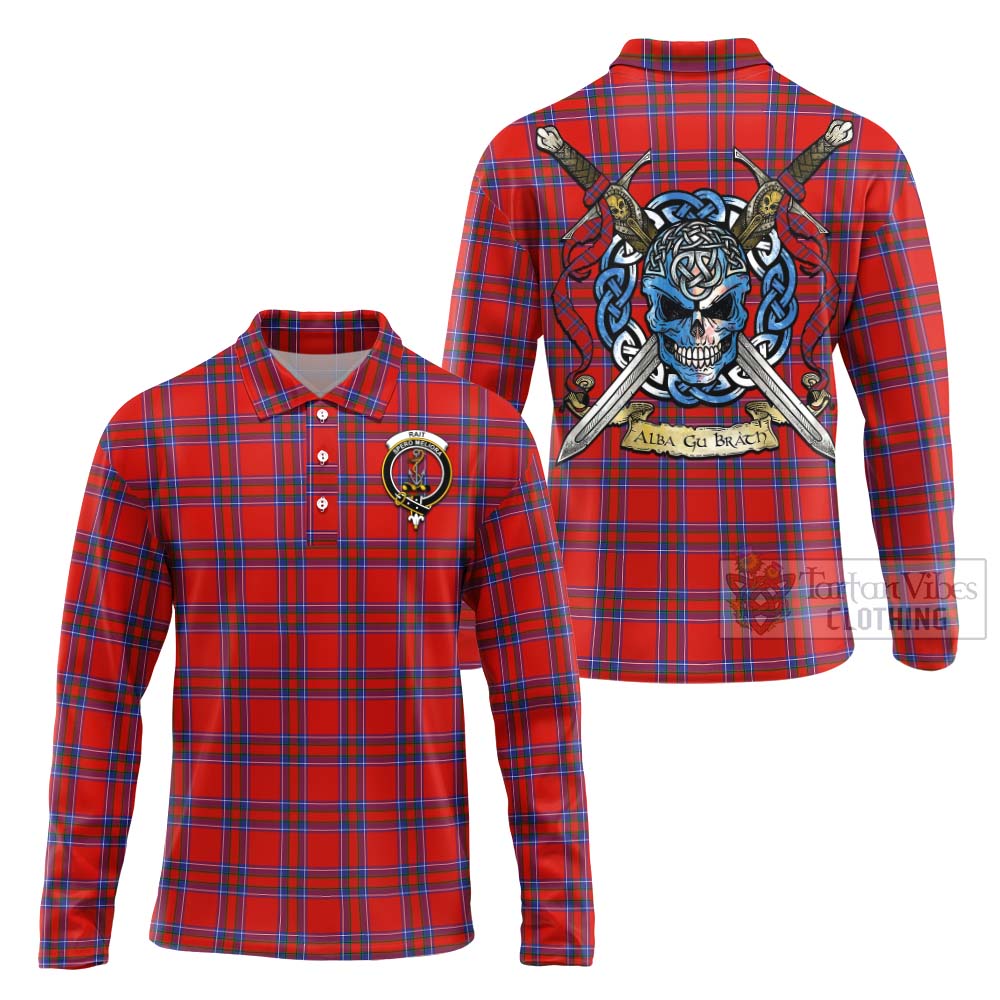 Tartan Vibes Clothing Rait Tartan Long Sleeve Polo Shirt with Family Crest Celtic Skull Style