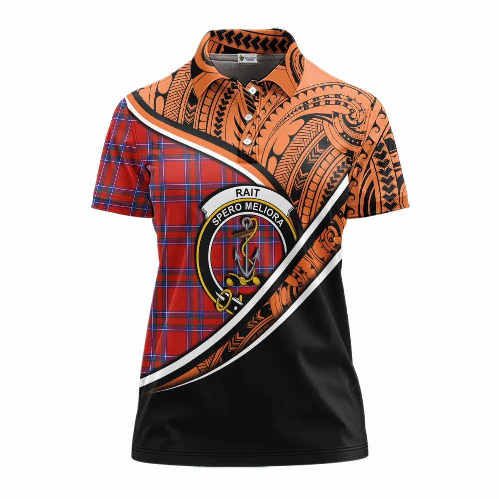 Tartan Vibes Clothing Rait Crest Tartan Women's Polo Shirt with Maori Tattoo Style - Orange Version