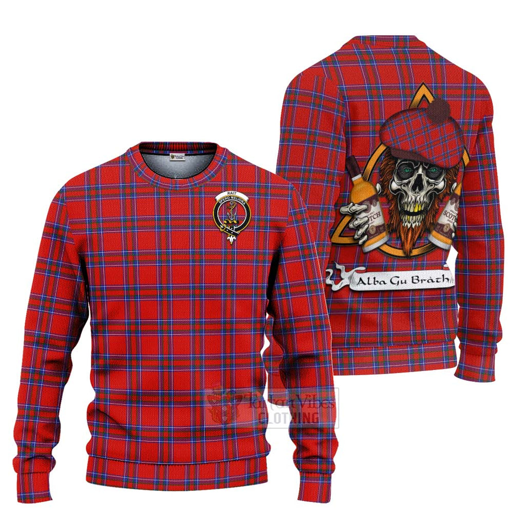 Tartan Vibes Clothing Rait Tartan Knitted Sweater with Family Crest and Bearded Skull Holding Bottles of Whiskey