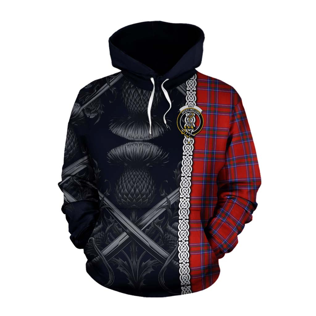 Tartan Vibes Clothing Rait Tartan Cotton Hoodie with Family Crest Cross Sword Thistle Celtic Vibes