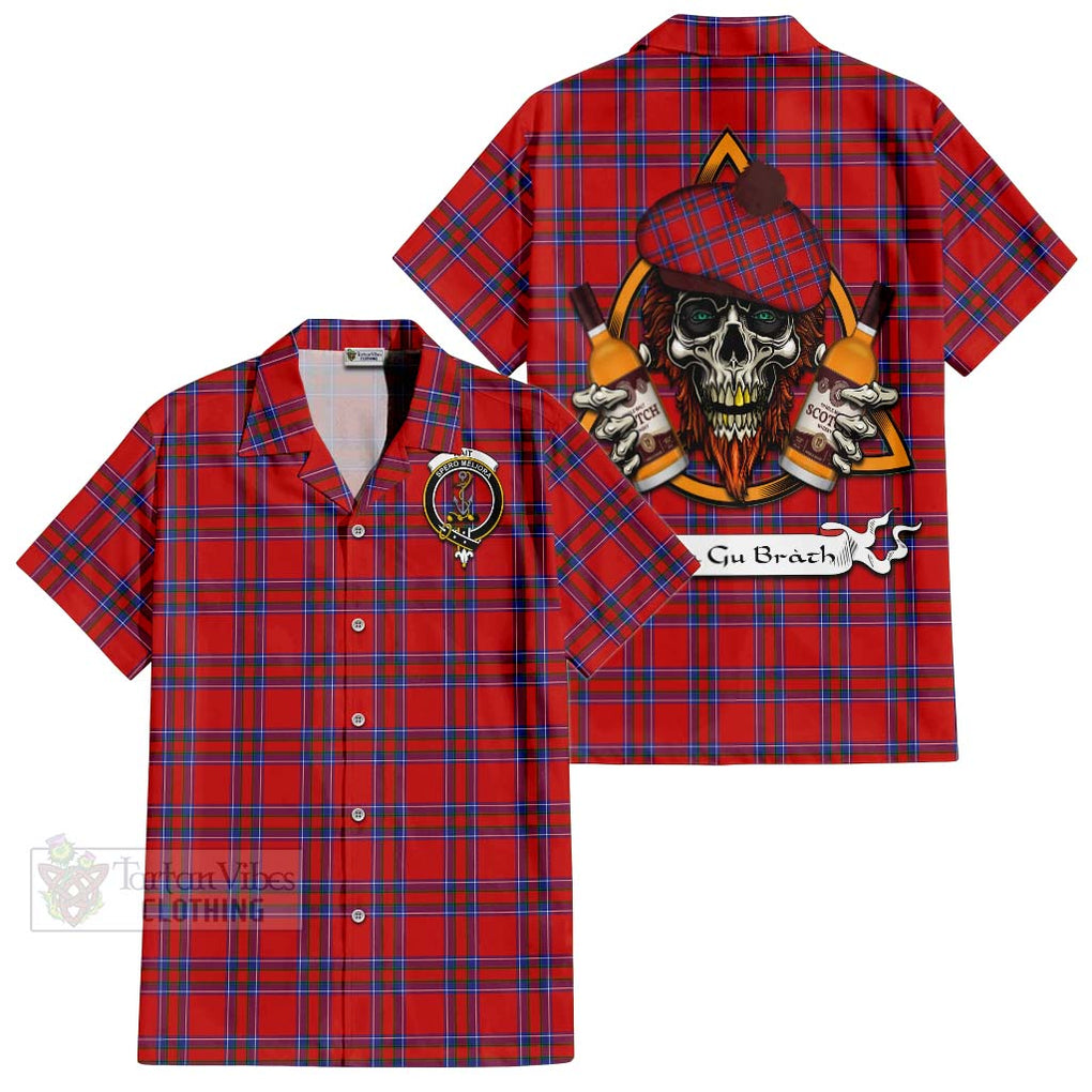 Tartan Vibes Clothing Rait Tartan Short Sleeve Button Shirt with Family Crest and Bearded Skull Holding Bottles of Whiskey