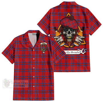 Rait Tartan Short Sleeve Button Shirt with Family Crest and Bearded Skull Holding Bottles of Whiskey