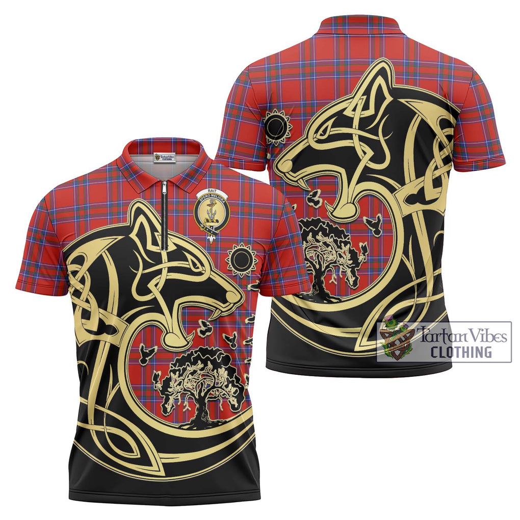 Rait Tartan Zipper Polo Shirt with Family Crest Celtic Wolf Style Unisex - Tartanvibesclothing Shop