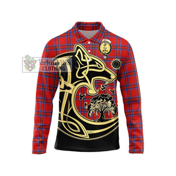 Rait Tartan Long Sleeve Polo Shirt with Family Crest Celtic Wolf Style