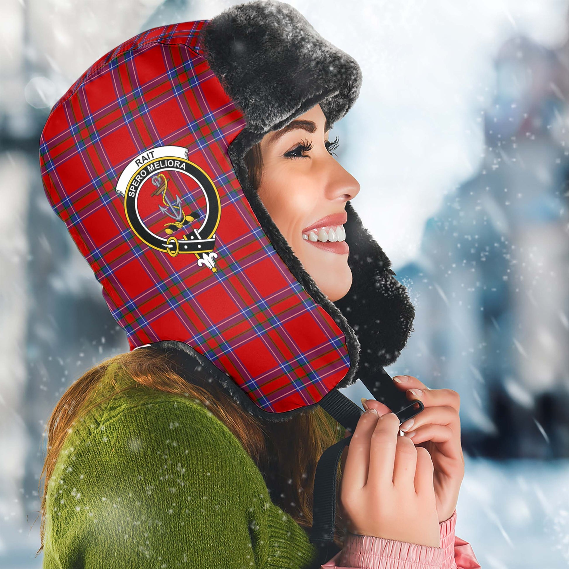 Rait Tartan Winter Trapper Hat with Family Crest Winter Trapper Hat Universal Fit Circumference 22.8in (58cm) - Tartanvibesclothing