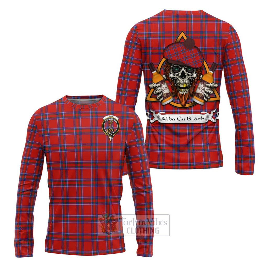 Tartan Vibes Clothing Rait Tartan Long Sleeve T-Shirt with Family Crest and Bearded Skull Holding Bottles of Whiskey