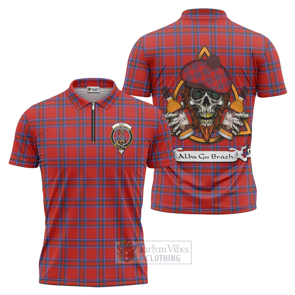 Tartan Vibes Clothing Rait Tartan Zipper Polo Shirt with Family Crest and Bearded Skull Holding Bottles of Whiskey