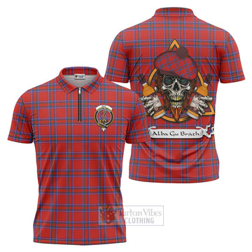 Rait Tartan Zipper Polo Shirt with Family Crest and Bearded Skull Holding Bottles of Whiskey