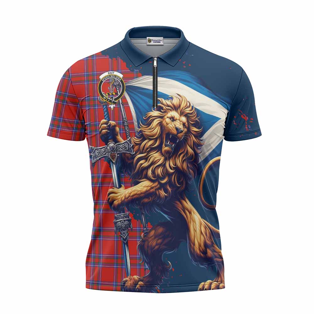 Tartan Vibes Clothing Rait Tartan Family Crest Zipper Polo Shirt with Scottish Majestic Lion