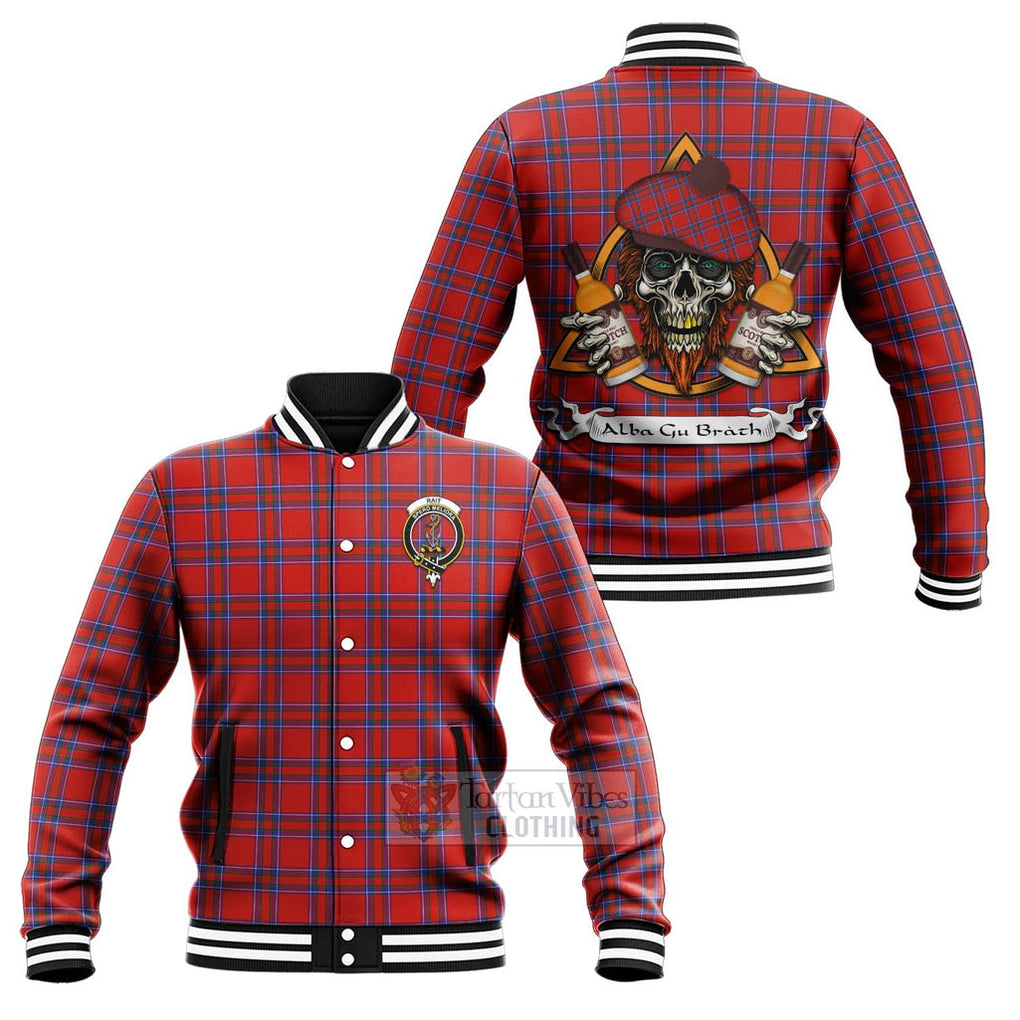 Tartan Vibes Clothing Rait Tartan Baseball Jacket with Family Crest and Bearded Skull Holding Bottles of Whiskey