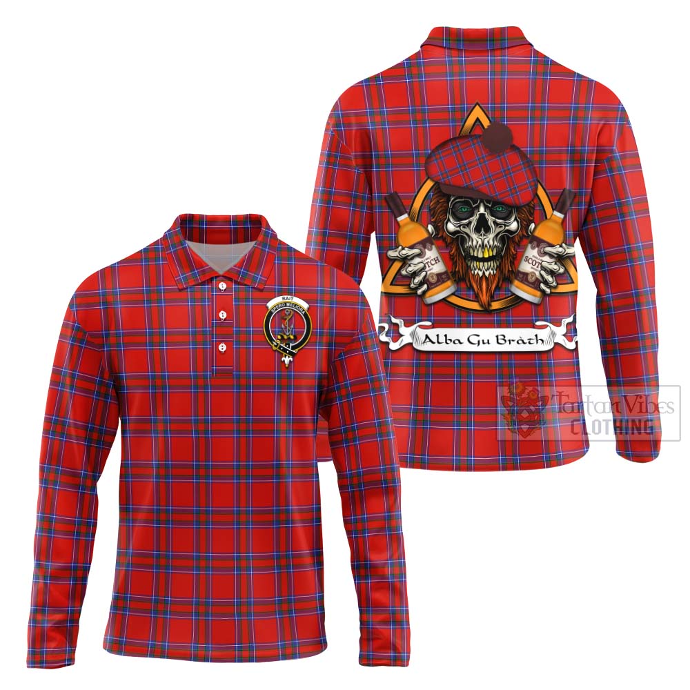 Tartan Vibes Clothing Rait Tartan Long Sleeve Polo Shirt with Family Crest and Bearded Skull Holding Bottles of Whiskey