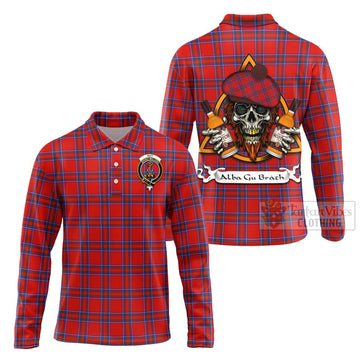 Rait Tartan Long Sleeve Polo Shirt with Family Crest and Bearded Skull Holding Bottles of Whiskey