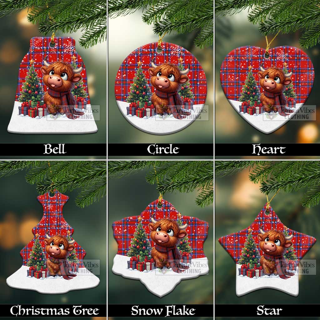 Tartan Vibes Clothing Rait Tartan Christmas Ceramic Ornament with Adorable Highland Coo