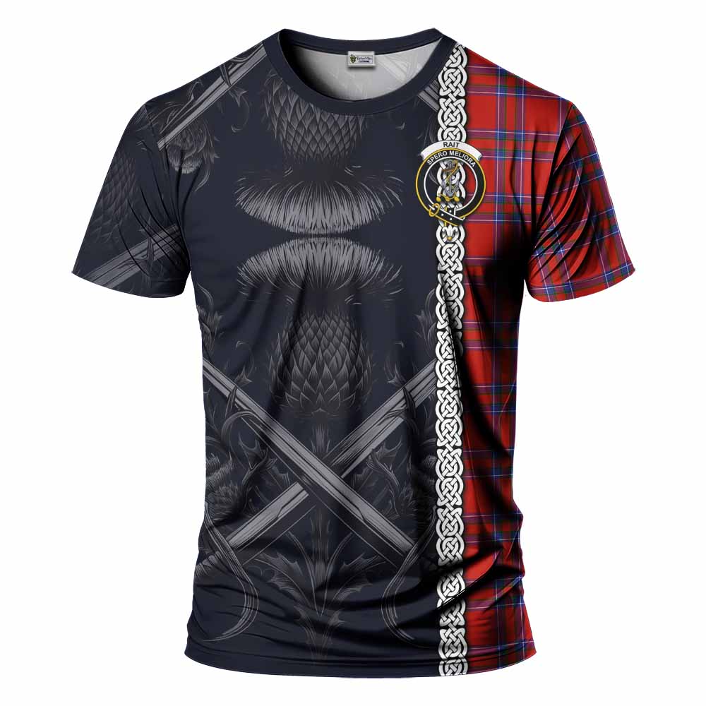 Tartan Vibes Clothing Rait Tartan T-Shirt with Family Crest Cross Sword Thistle Celtic Vibes