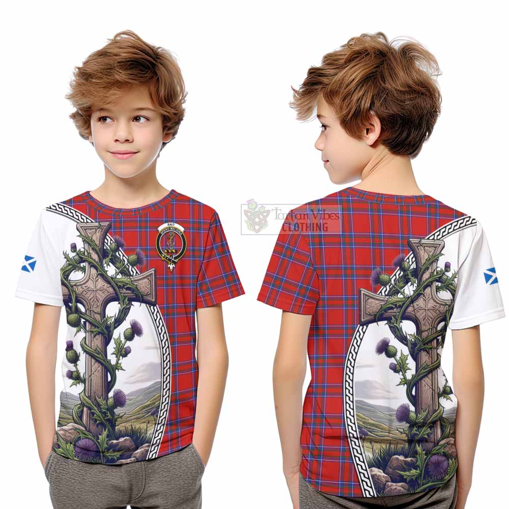 Tartan Vibes Clothing Rait Tartan Kid T-Shirt with Family Crest and St. Andrew's Cross Accented by Thistle Vines