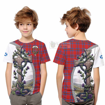 Rait Tartan Kid T-Shirt with Family Crest and St. Andrew's Cross Accented by Thistle Vines