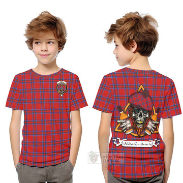 Rait Tartan Kid T-Shirt with Family Crest and Bearded Skull Holding Bottles of Whiskey