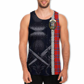 Rait Tartan Men's Tank Top with Family Crest Cross Sword Thistle Celtic Vibes