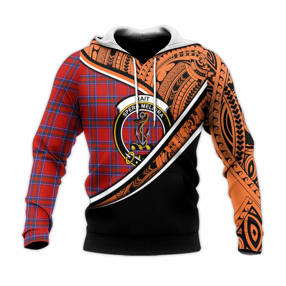 Tartan Vibes Clothing Rait Crest Tartan Knitted Hoodie with Maori Tattoo Style - Orange Version