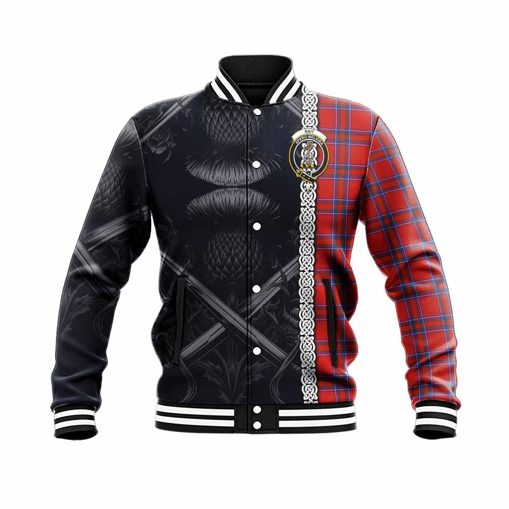 Tartan Vibes Clothing Rait Tartan Baseball Jacket with Family Crest Cross Sword Thistle Celtic Vibes