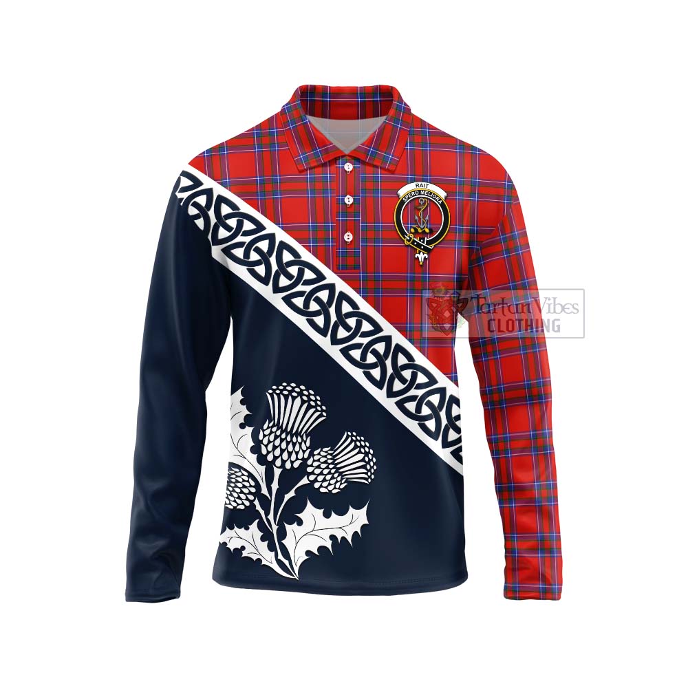 Tartan Vibes Clothing Rait Tartan Long Sleeve Polo Shirt Featuring Thistle and Scotland Map