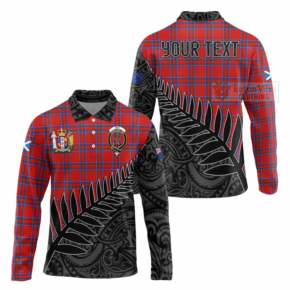 Tartan Vibes Clothing Rait Crest Tartan Long Sleeve Polo Shirt with New Zealand Silver Fern Half Style