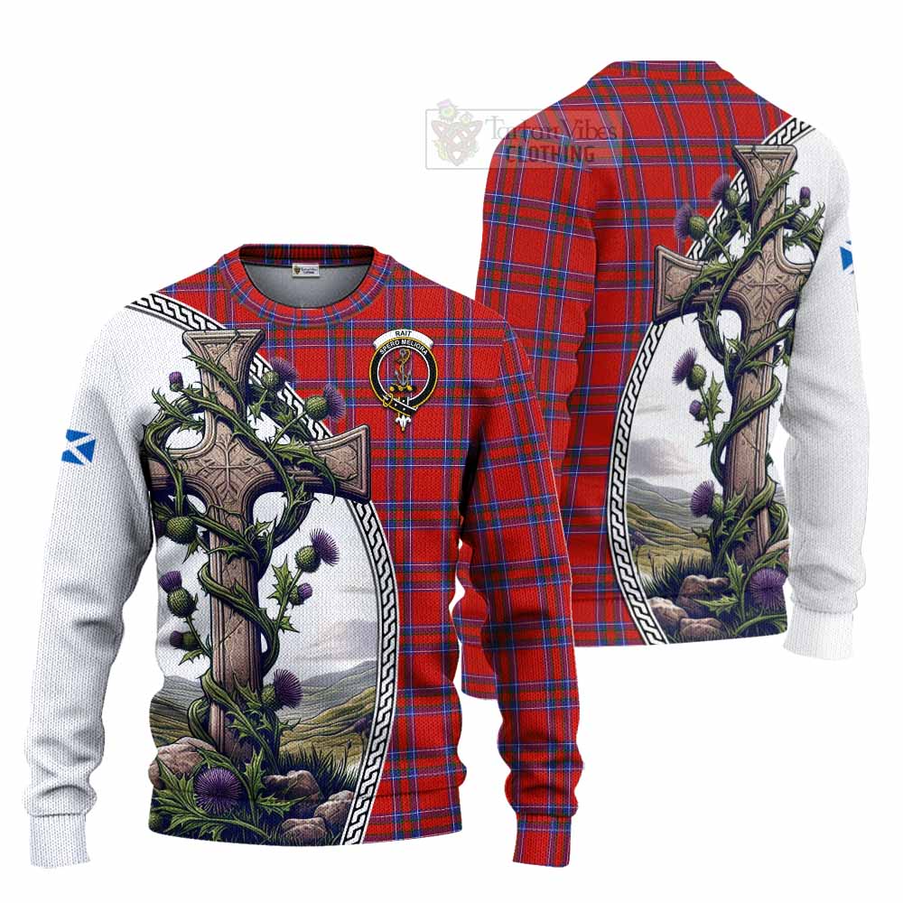 Tartan Vibes Clothing Rait Tartan Knitted Sweater with Family Crest and St. Andrew's Cross Accented by Thistle Vines