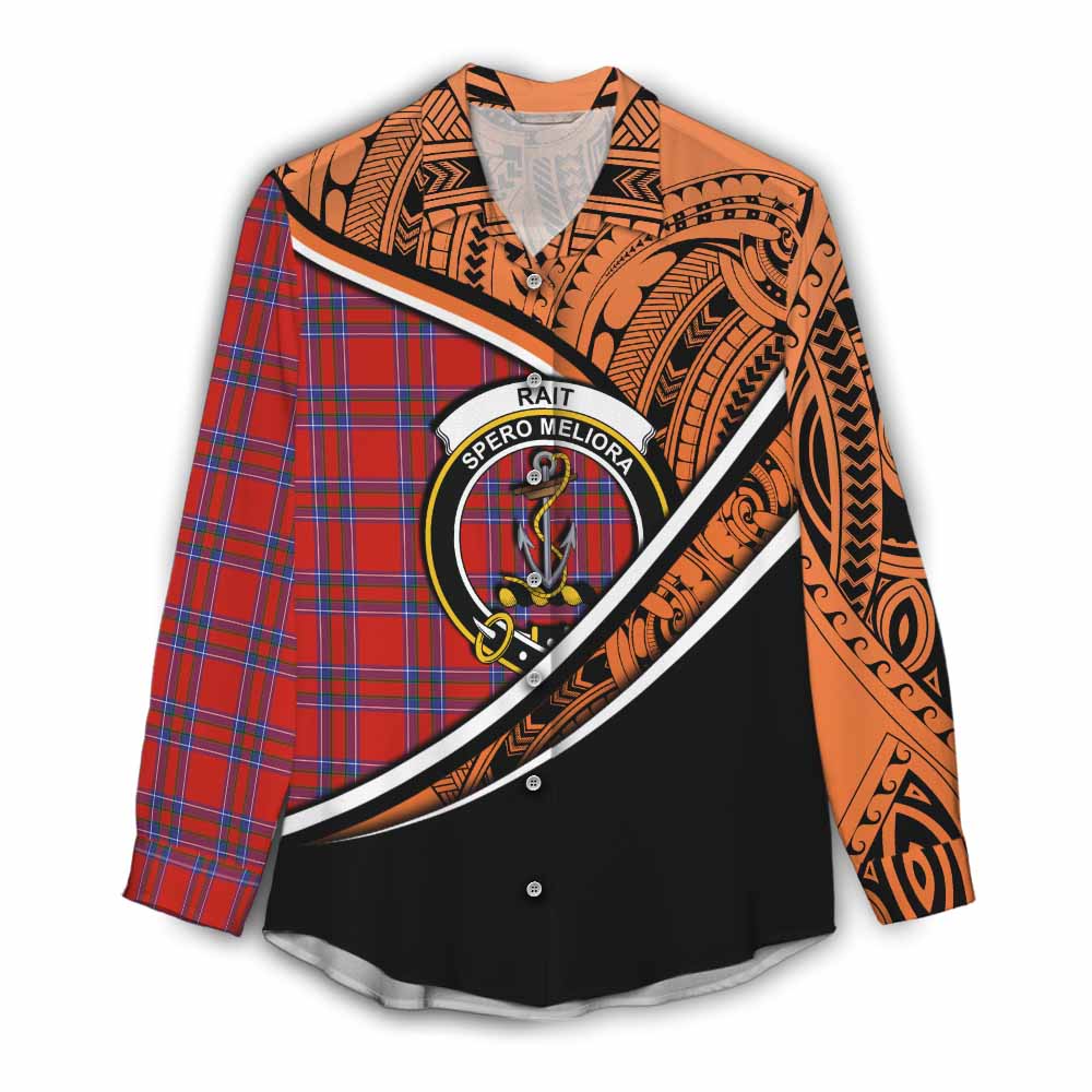 Tartan Vibes Clothing Rait Crest Tartan Women's Casual Shirt with Maori Tattoo Style - Orange Version