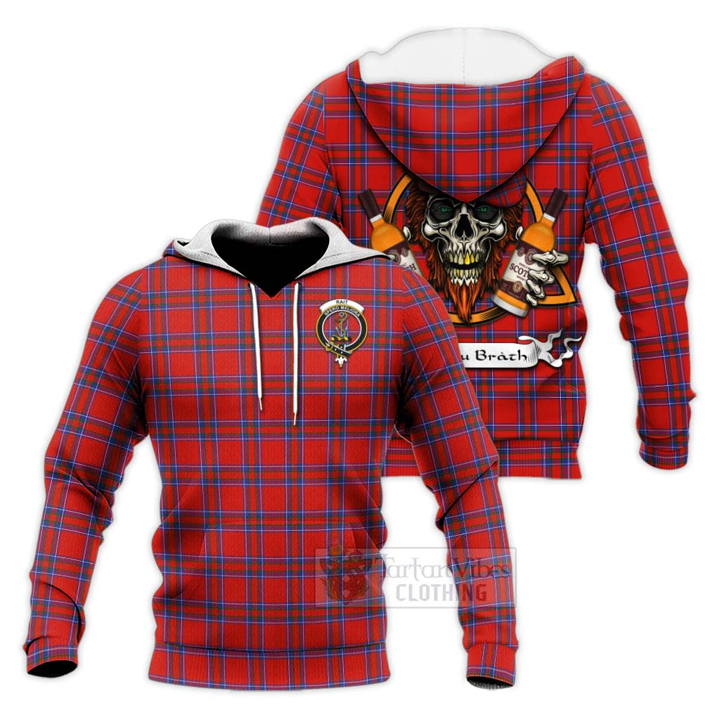 Tartan Vibes Clothing Rait Tartan Knitted Hoodie with Family Crest and Bearded Skull Holding Bottles of Whiskey