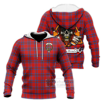 Rait Tartan Knitted Hoodie with Family Crest and Bearded Skull Holding Bottles of Whiskey