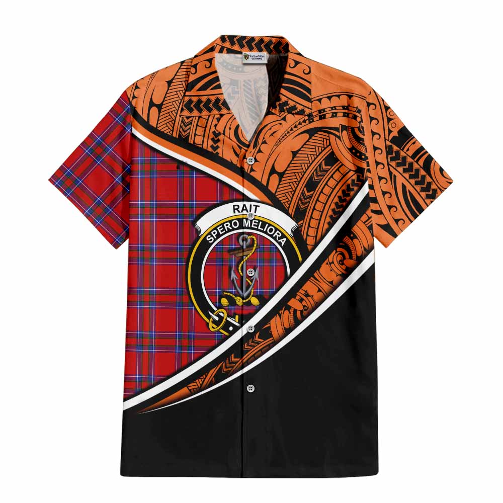 Tartan Vibes Clothing Rait Crest Tartan Short Sleeve Button Shirt with Maori Tattoo Style - Orange Version