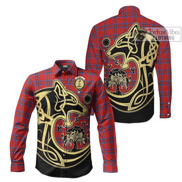 Rait Tartan Long Sleeve Button Shirt with Family Crest Celtic Wolf Style