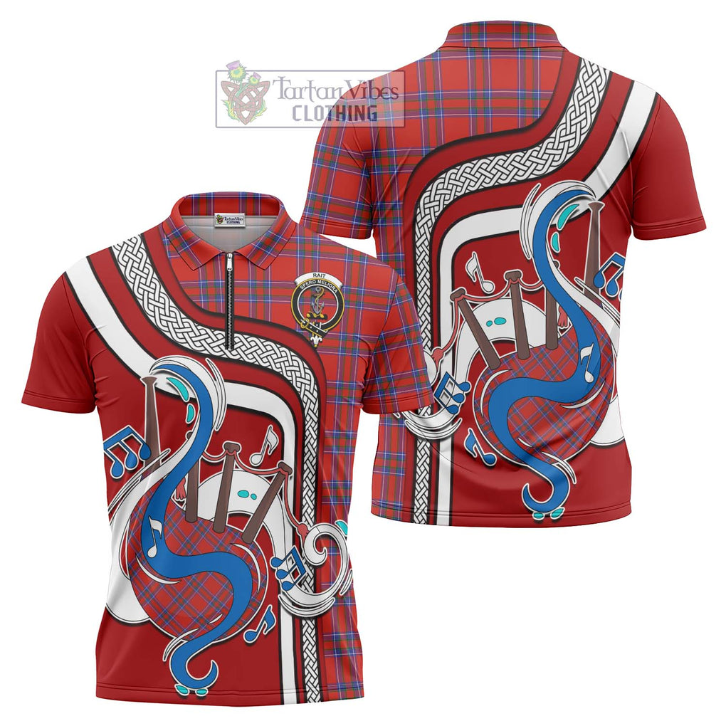 Rait Tartan Zipper Polo Shirt with Epic Bagpipe Style Unisex - Tartanvibesclothing Shop