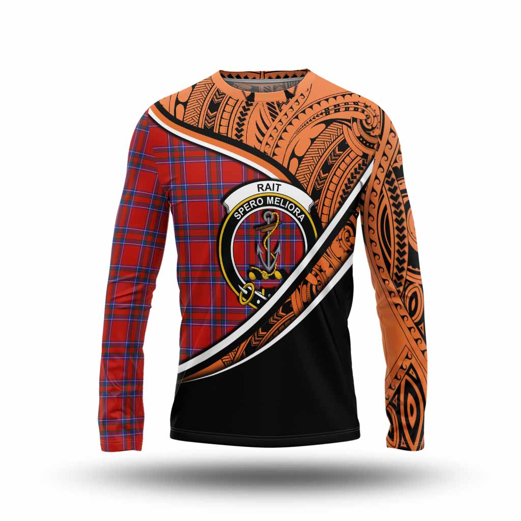 Tartan Vibes Clothing Rait Crest Tartan Long Sleeve T-Shirt with Maori Tattoo Style - Orange Version